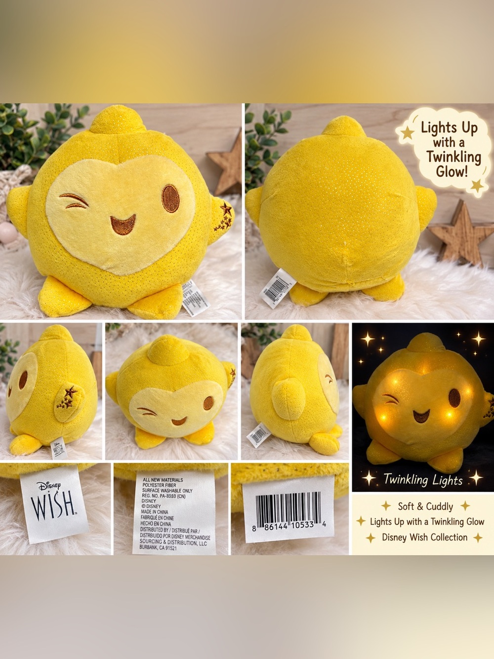 Disney Wish Star 10” Light Up Twinkling Plush Yellow Stuffed Toy